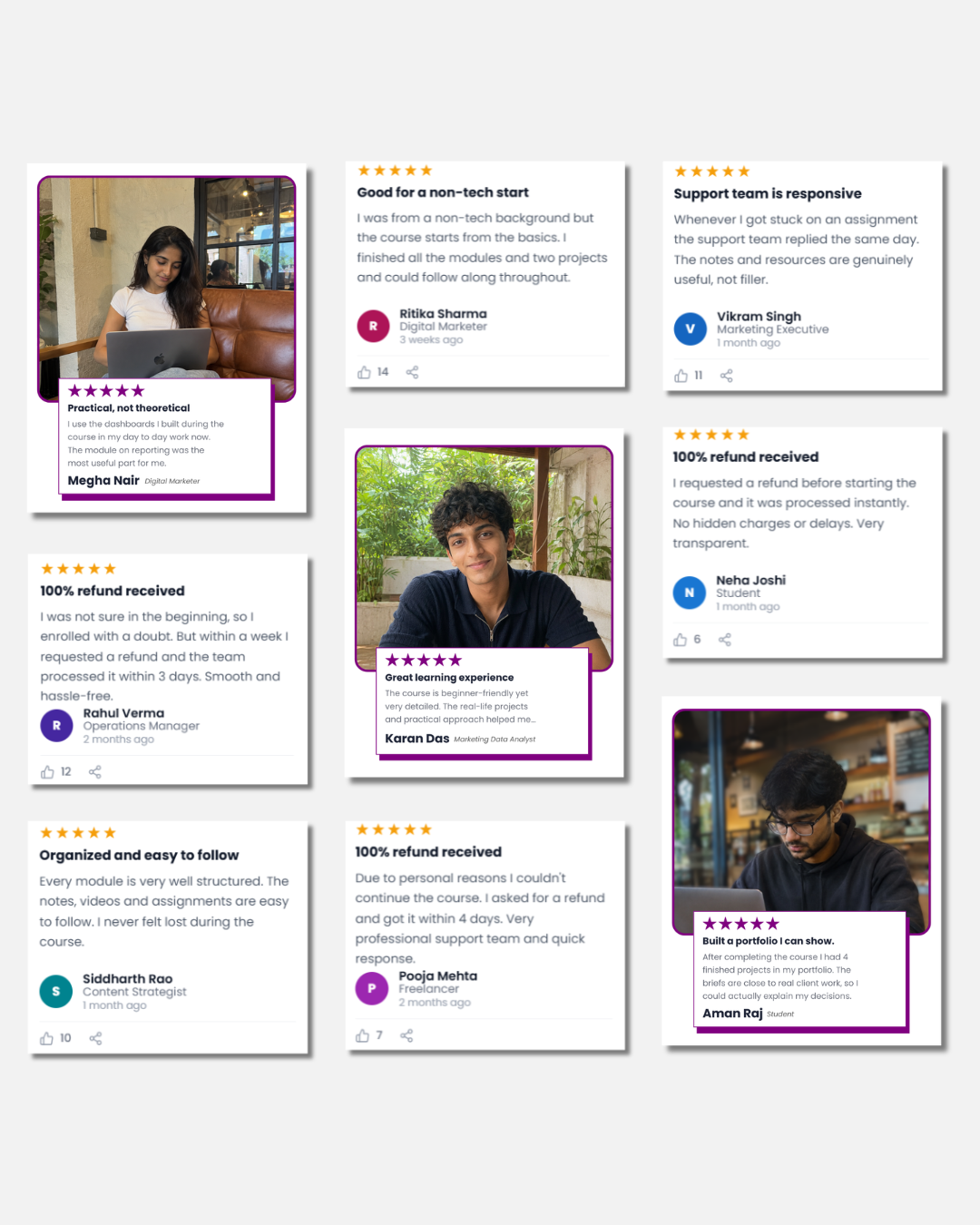 Learner reviews: refunds received, practical projects, responsive support